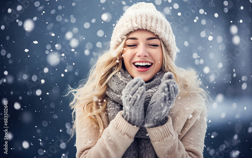 Beautiful Cheerful Girl Laughing in the Snow - Radiant Joy in a Winter Wonderland, holiday theme