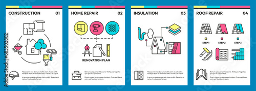 Home repair brochure. Maintenance renovation magazine cover with tools and renovation workman flat style, promotion brochure cover. Vector illustration of maintenance brochure construction
