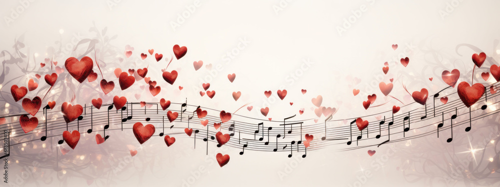 Musical notes and hearts intertwine in a whimsical pattern, a visual melody for a Valentine's Day Music Playlist. The image sings of romance and harmony. - obrazy, fototapety, plakaty 