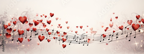 Musical notes and hearts intertwine in a whimsical pattern, a visual melody for a Valentine's Day Music Playlist. The image sings of romance and harmony. photo