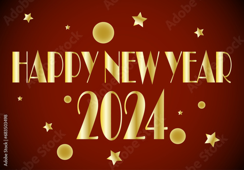 Feliz Año Nuevo 2024 en texto dorado y guirlnaldas y estrellas  doradas sobre fondo degradado rojo y negro. Felicitación navideña.