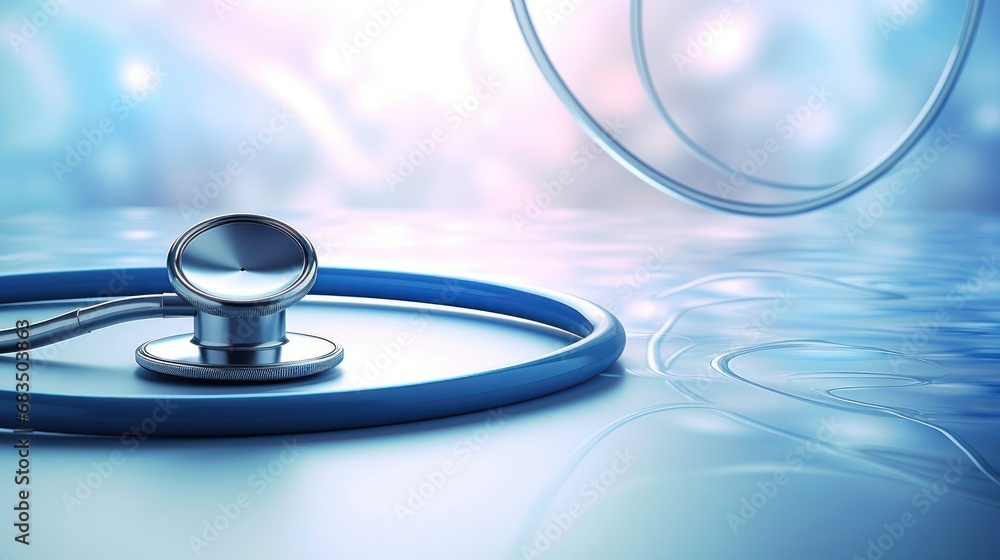 a stethoscope sitting on top of a white table next to a blue and white circular object in the background. a stethoscope sitting on top of a white table next to a blue and white circular object in the background.