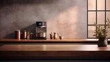 an image portraying an empty Podium that effortlessly draws attention, paired with a harmoniously blurred Kitchen background that enhances the space intended for product display