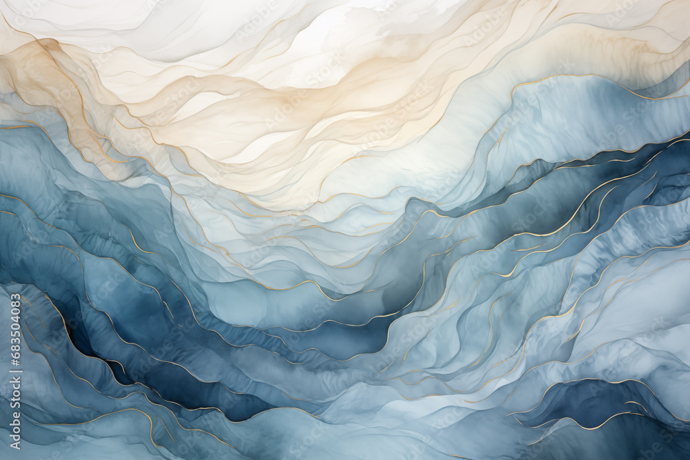 Obraz premium Light gray-blue abstract watercolor background november style, cool tones soft copy space. Snow wavy winter blue teal, aqua abstract new year background. Graphic resource ocean wave backdrop by Vita