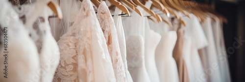Sophisticated luxury bridal dresses on hangers in a white wedding gown boutique salon