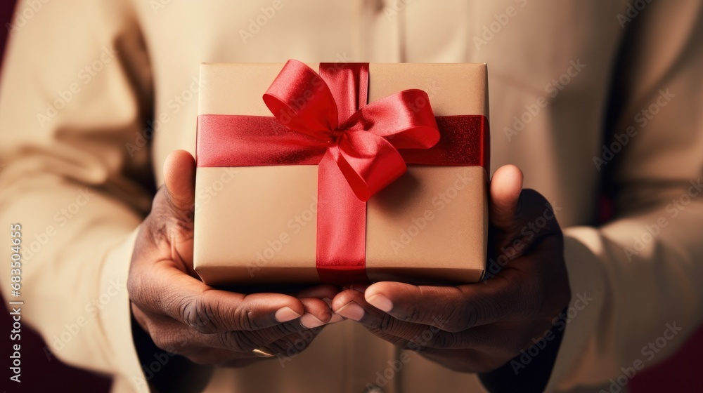 a person holding a brown gift box with a red bow on it's wrap around the top of it. a person holding a brown gift box with a red bow on it's wrap around the top of it.