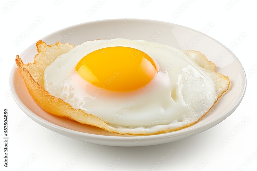 Delicious fried egg with golden yolk on a clean white plate isolated on a pure white background Delicious fried egg with golden yolk on a clean white plate isolated on a pure white background