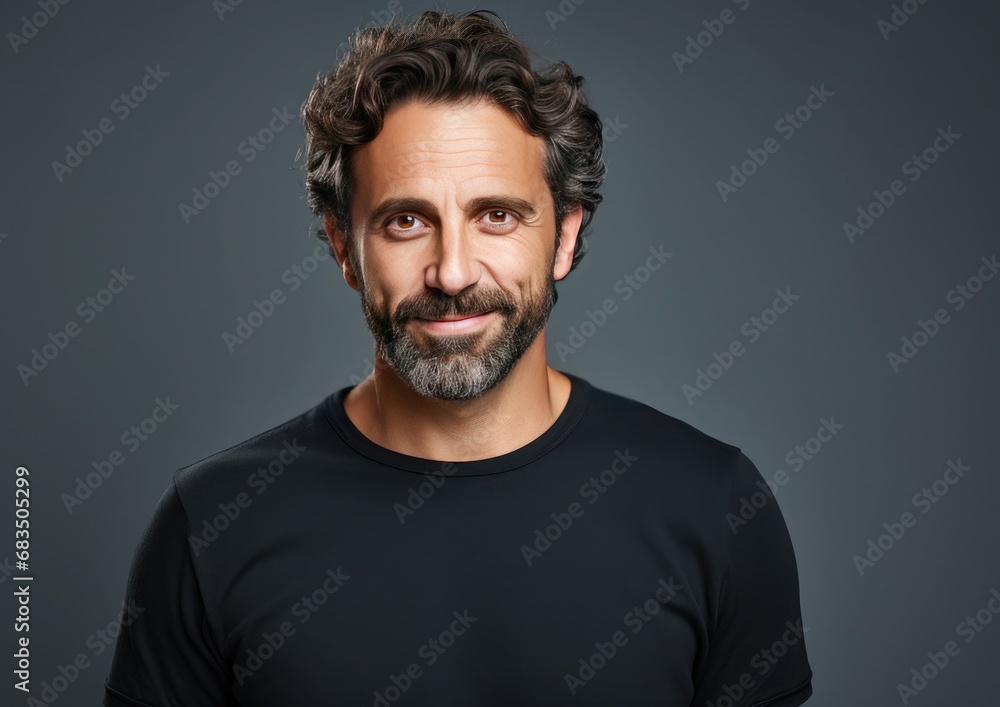 portrait of a expression of a happy laughing brunette man with brown hair against white background who holds her index finger up to explain or point, 