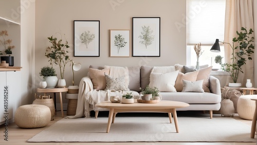 A cozy  minimalist living room with Scandinavian influences and a neutral color palette. Generative AI