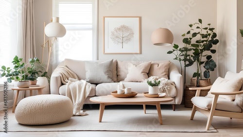 A cozy, minimalist living room with Scandinavian influences and a neutral color palette. Generative AI