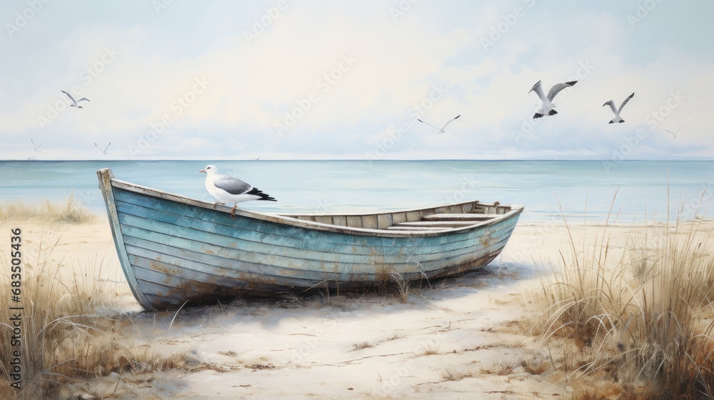 Fototapeta premium a painting of a boat on a beach with seagulls flying over it and the ocean in the background.