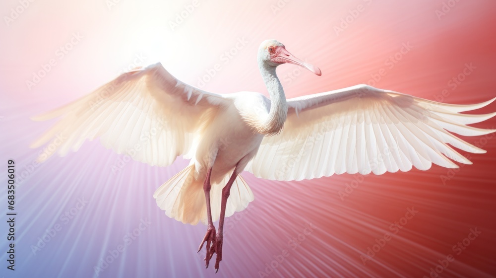 Fototapeta premium a large white bird with a long neck and wings spread out in front of a red, blue, and white background.