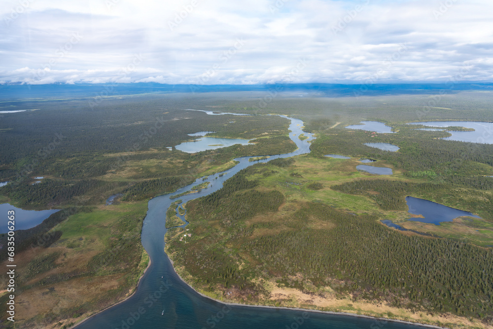 Alagnak Wild River in Alaska. Alagnak River, originating in Katmai National Preserve’s Kukaklek and Nonvianuk Lakes, is designated as National Wild and Scenic River. Aerial view.
