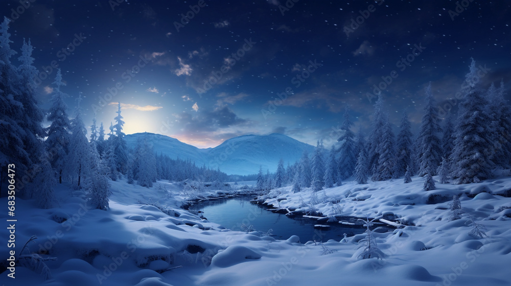 Winter forest under starry night sky natural background. Mysterious landscape with majestic woodland under snow cover. Fairy tale woods with pine, spruce and tree growing near river Winter forest under starry night sky natural background. Mysterious landscape with majestic woodland under snow cover. Fairy tale woods with pine, spruce and tree growing near river
