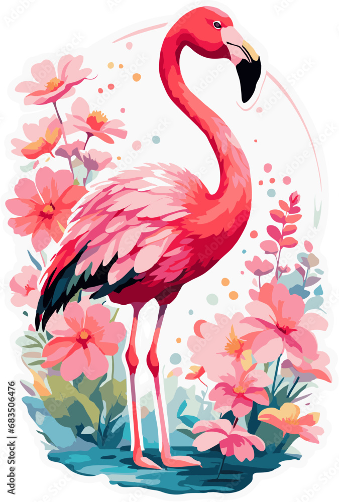 Naklejka premium Flamingo and Flowers Vector