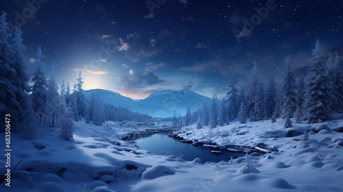 Winter forest under starry night sky natural background. Mysterious landscape with majestic woodland under snow cover. Fairy tale woods with pine, spruce and tree growing near river