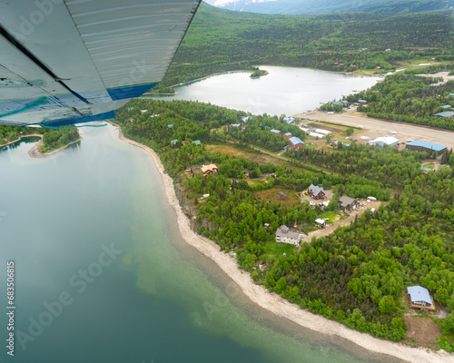 Aerial view of Port Alsworth, Alaska within Lake Clark National Park and Preserve. Private Port Alsworth Airport, public Wilder Natwick Airport, Hardenburg Bay. photo