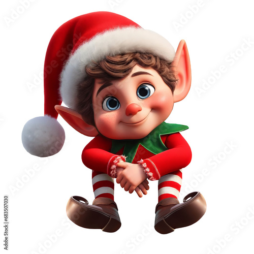 A cute Christmas Elf sitting on a flat surface isolated on a transparent background	