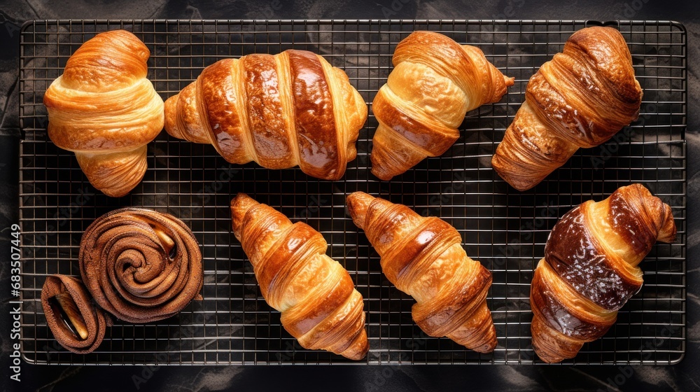  a bunch of croissants sitting on top of a cooling rack next to a couple of doughnuts.