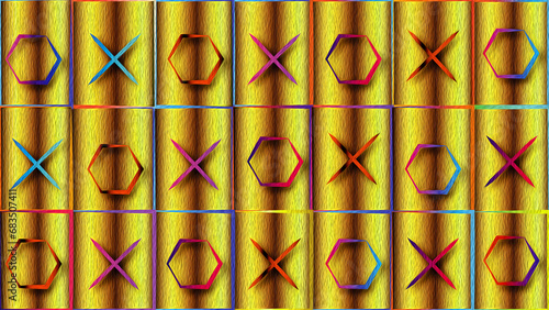 Abstract Multicolor pencils criss cross game in  colorful shiny wooden boxes, exhibiting both pattern and abstract geometric patterns art design background photo