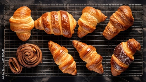  a bunch of croissants sitting on top of a cooling rack next to a couple of doughnuts. photo