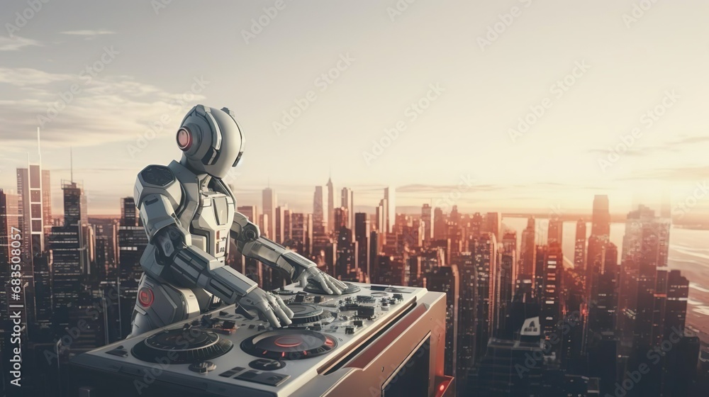 A robot DJ mixing music - obrazy, fototapety, plakaty 