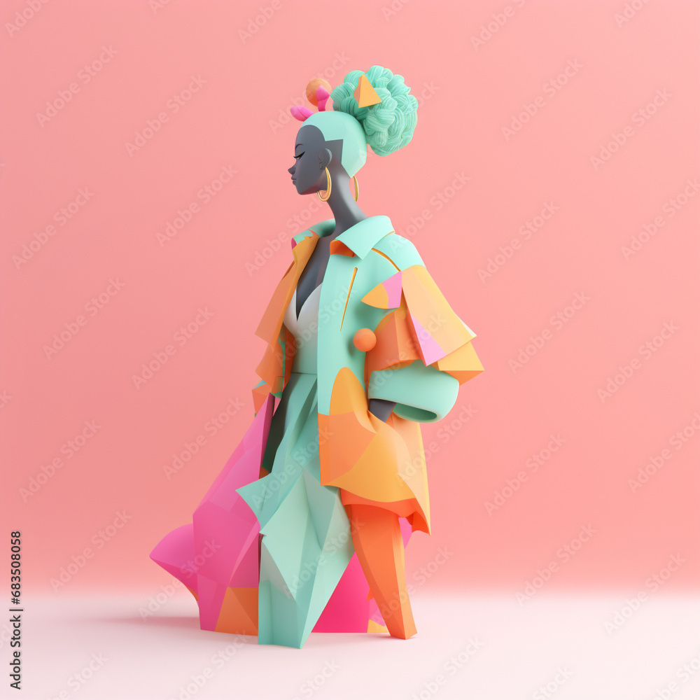 African woman standing upright delicate colors red yellow green, 3d geometric figure African woman standing upright delicate colors red yellow green, 3d geometric figure