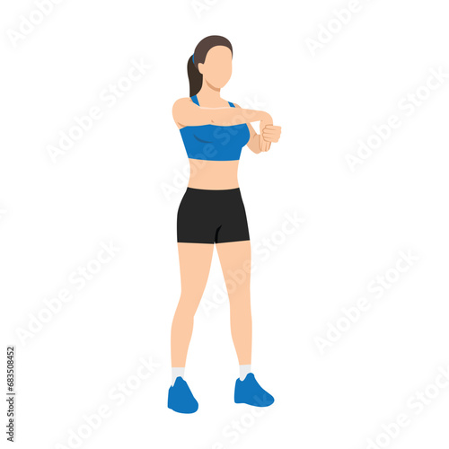 Woman doing standing palm down wrist stretch exercise. Flat vector illustration isolated on white background