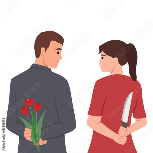 Man and woman look into eyes holding knife and flowers behind their backs.  Flat vector illustration isolated on white background