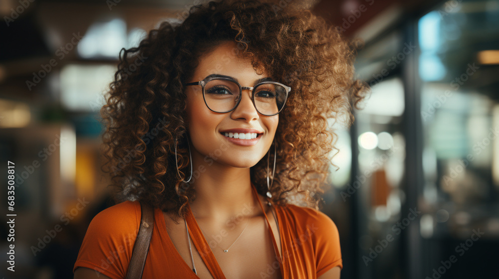 Close up shot of funny dark skinned cute female model wears glasses, has curly hair Close up shot of funny dark skinned cute female model wears glasses, has curly hair