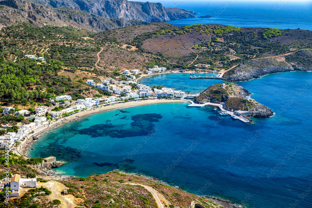 Naklejka premium View of Kapsali with the turquoise waters, Kythira island, Greece