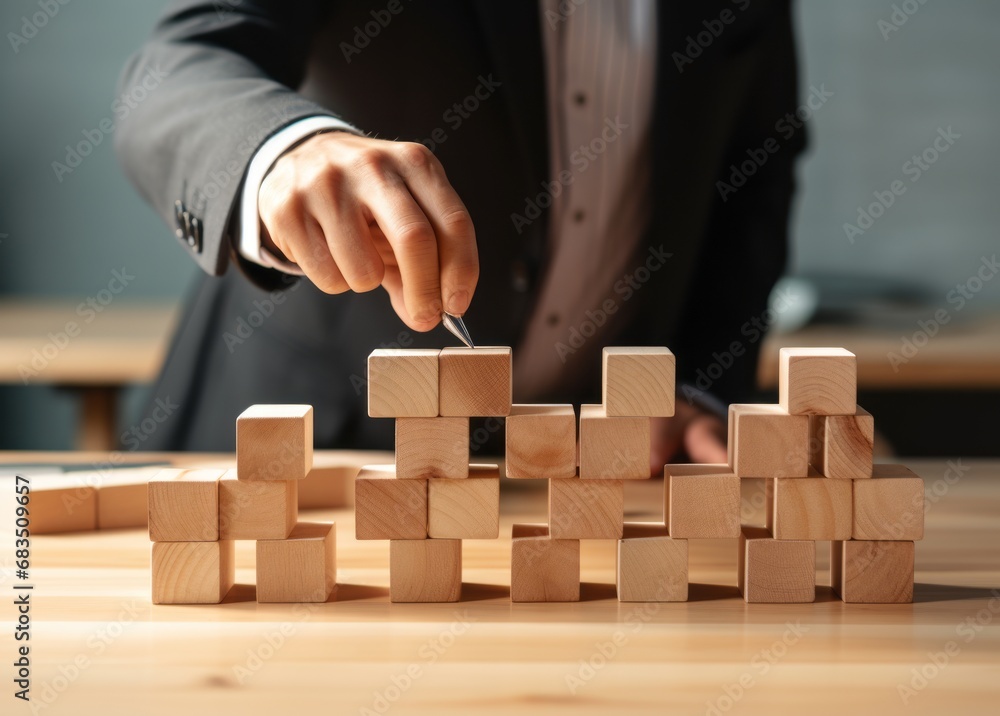 Businessman stacking blank wooden cubes on table with copy space Businessman stacking blank wooden cubes on table with copy space
