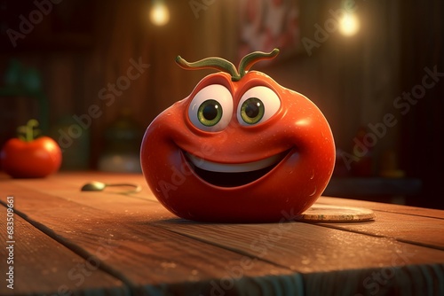 Super cartoony happy tomato veggie. Red ripe vegetable with delighted face on wooden table. Generate ai