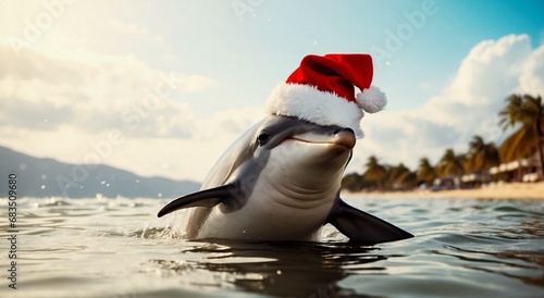 A happy dolphin jumps out of the water,swimming in the tropical sea wearing christmas red hat. Abstract Holiday Concept. Digital painting illustration. Generative AI