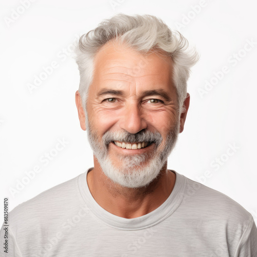 a closeup photo portrait of a handsome old mature man smiling with clean teeth. for a dental ad. guy with fresh stylish hair and beard with strong jawline. isolated on white background