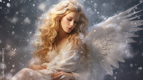  a painting of an angel sitting in the snow with her hands on her chest and her head resting on her chest.
