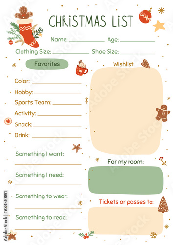 Christmas wishes list template with Christmas dessert tasty gingerbread cookies. Vector winter holiday gift planner, notes, schedule, planner, checklist, notebook. Sweet kids Christmas list for Santa.