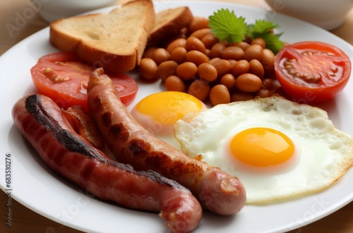 Traditional English breakfast plate. Fried eggs and sausages combinate with beans and tomatoes. Generate ai photo