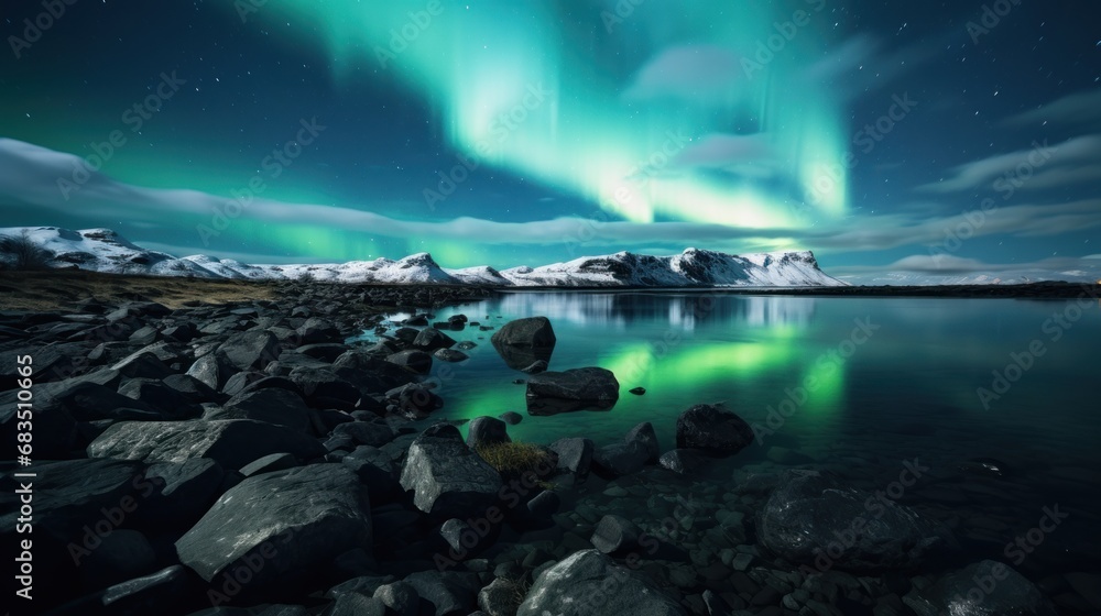  a view of the northern lights over a lake with rocks in the foreground and snow covered mountains in the background.