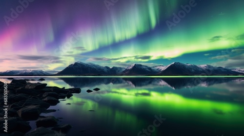  the aurora bore is reflected in the still water of a lake with mountains in the background and a purple and green aurora bore in the sky.