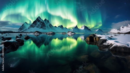  the aurora bore is reflected in the still water of a lake surrounded by snow covered mountains and snow - capped rocks. photo
