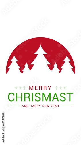 Merry christmas vertical video for stories. with ornament star and pine treess on red circle. photo