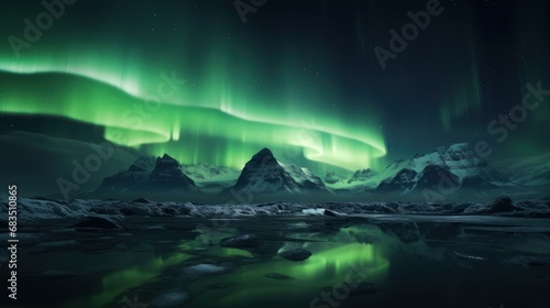  a green aurora bore over a mountain range with a lake in the foreground and snow covered mountains in the background. © Olga
