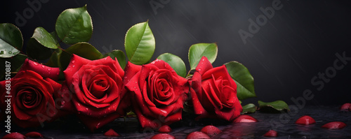 Vibrant red roses with green leaves on a misty black background with petals. Beauty and elegance of flowers. Valentine s Day celebration. Perfect for elegant posters  invitations  or banners