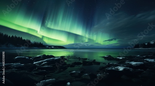  a green and purple aurora bore over a body of water with rocks in the foreground and trees in the background.