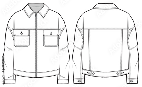 Drop Shoulder Zip Up Denim Jacket Fashion Flat Sketch Vector Illustration, CAD, Technical Drawing, Flat Drawing, Template, Mockup.