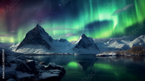 Hyper realistic Aurora borealis above the snow covered mountains in Lofoten islands, Norway. © Business Pics