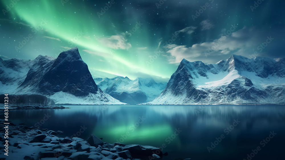 Hyper realistic Aurora borealis above the snow covered mountains in Lofoten islands, Norway.