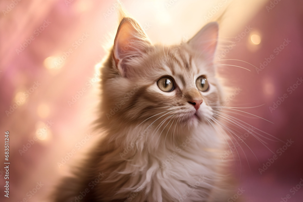 Serene tabby kitten with a thoughtful gaze on soft sunlight background. Warm dreamy atmosphere. Suitable for advertisements, posters, or banners