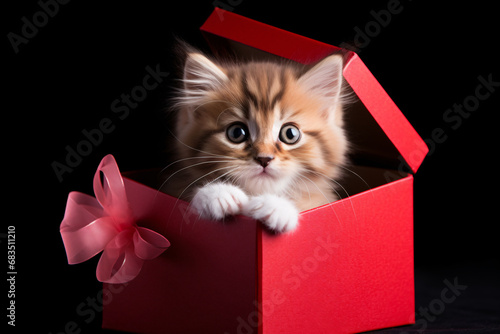 Cute tabby kitten in a red gift box with a pink bow on black background. Design for birthday wishes, greetings, or banners. Inviting and cute kitty. Minimalistic, simple composition. Valentine's Day